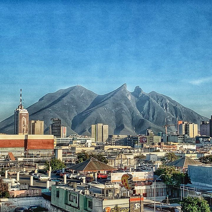 Cerro de la Silla rising behind downtown Monterrey, Nuevo León